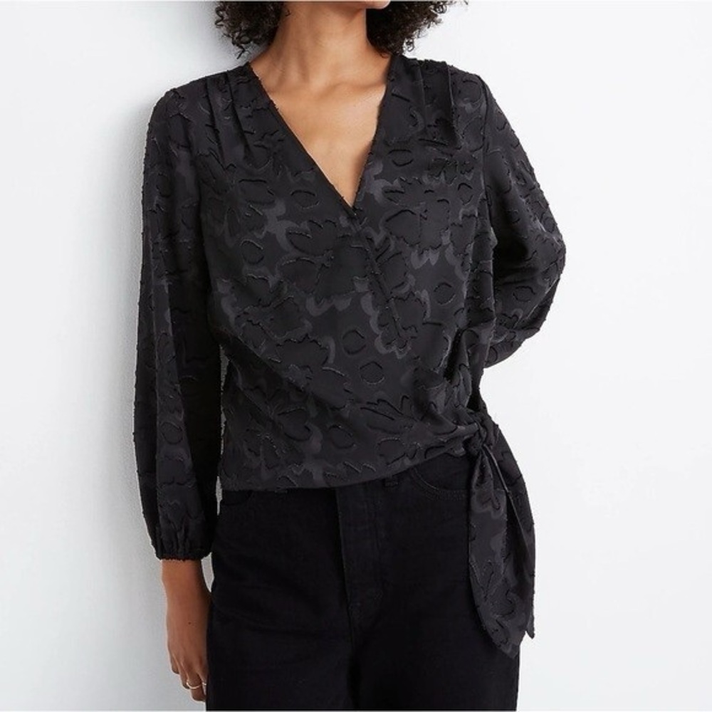 Madewell NWT Black Floral Jacquard Side-Tie Wrap Top Women's US Size Medium‎